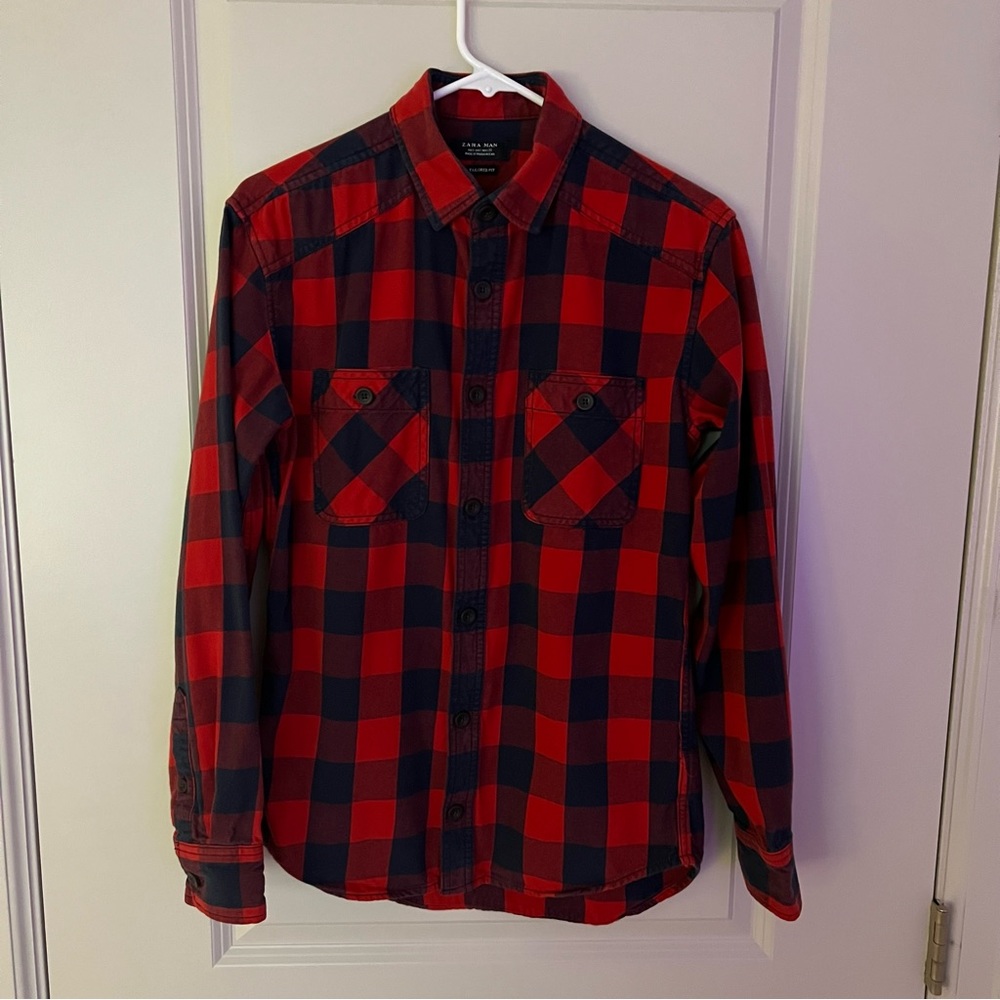 Zara mens long sleeve plaid button down flannel shirt | size small
